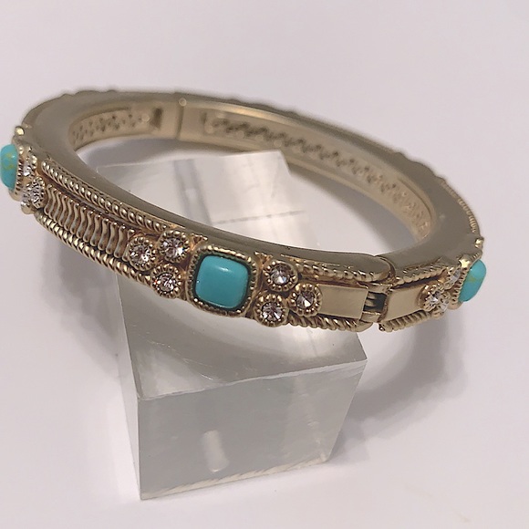 Jewelry - Brushed Gold and Turquoise Bangle With Crystal Accents - NEW